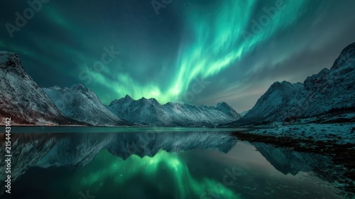 Breathtaking Green Aurora Borealis Dancing Above Snow Covered Mountain Peaks and Reflective Arctic Lake Waters at Night