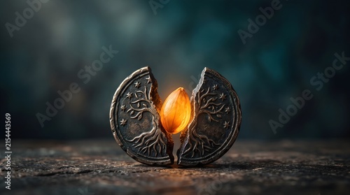 A single coin splitting open to reveal a glowing seed inside