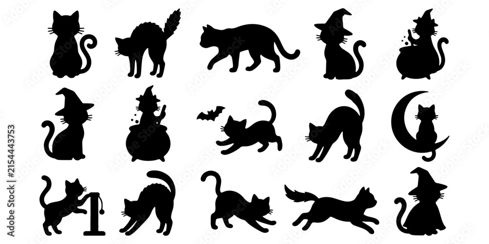 Fototapeta premium Black cat silhouettes in various poses, halloween theme animal
