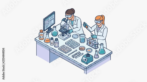 Isometric laboratory vector illustration featuring two female researchers working with a microscope, pipettes, and chemical flasks on a bench for scientific analysis.