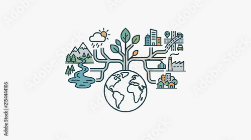 Academic geography infographic vector illustrating a globe with branching pathways connecting natural systems including mountains and weather to human systems like urban cities and factories.