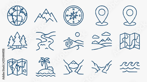 Geography and nature infographic line icon set featuring world globe, mountains, compass, location pins, forest trees, river, desert, map, tropical island, valley, and ocean waves.