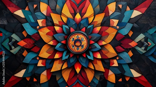 Vibrant stained glass lotus flower art with intricate geometric patterns and warm lighting