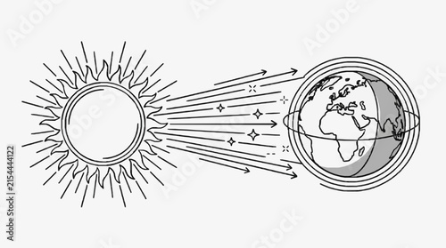 Scientific vector line art illustration of solar rays traveling from the sun to the planet earth with atmosphere layers, arrows, and stars on white background for coloring.