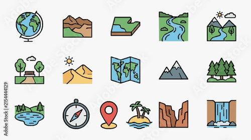 Modern Vector Illustration Set of 15 Geography and Nature Line Icons featuring World Globe, Mountain Terrain, River, Desert Dunes, Folded Map, Forest, Lake, Compass, Island, and Waterfall.