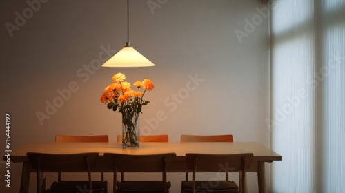 Minimalist Dining Room Featuring A Glass Vase With Vibrant Orange Roses Illuminated By A Soft Pendant Light In A Calm Home Setting