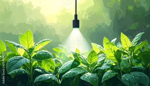 Agricultural crop spraying in lush green field at sunrise.