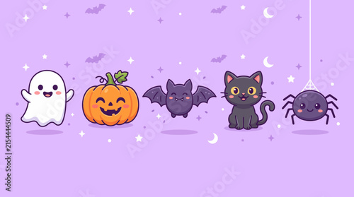 Cute Halloween characters set with ghost pumpkin bat cat and spider vector illustration