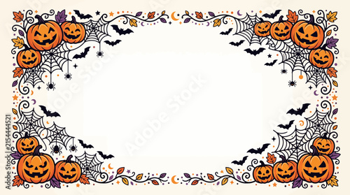Halloween pumpkin border frame with spider webs and bats for festive holiday invitations