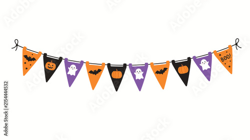Cute Halloween bunting banner with pumpkins, ghosts and bats for festive party decoration