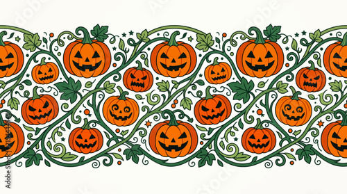 Halloween seamless border with carved jack-o-lantern pumpkins and decorative green vines