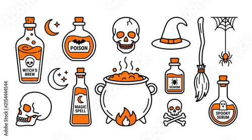 Halloween icon set with witch cauldron, potion bottles, skulls, and magic broomstick vector.