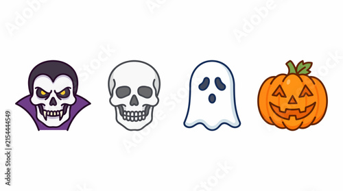 Halloween icon set featuring vampire, skull, ghost, and jack-o-lantern pumpkin characters.