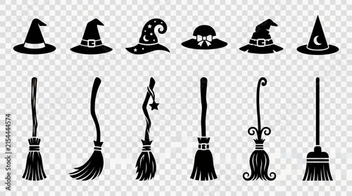 Halloween witch hat and broomstick icon set for spooky holiday design elements.
