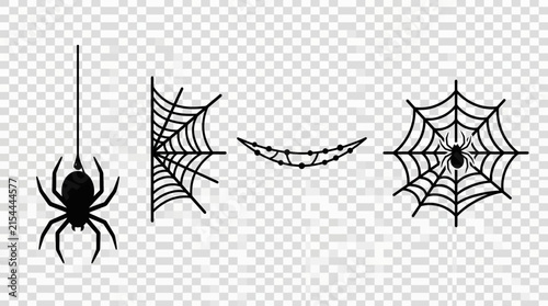 Halloween spider web and hanging spider vector icon set for spooky holiday decoration
