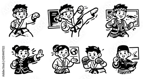 Cute cartoon martial arts kids doodle set black and white vector illustration.