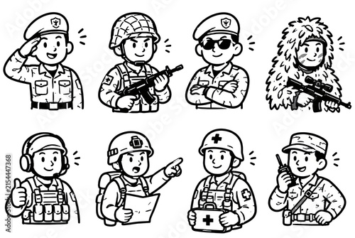 Hand drawn cartoon military soldier characters set line art doodle vector illustration.
