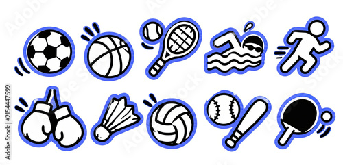 Hand drawn sports icons set with soccer basketball tennis swimming running boxing badminton volleyball baseball and table tennis.