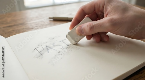 A hand using a white eraser to remove the word past written in pencil on a white notebook page, close up view of the hand and eraser