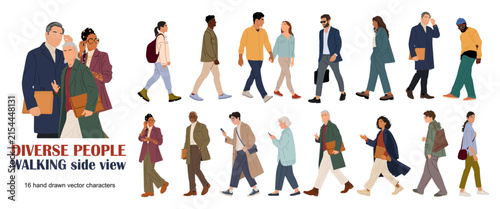 Set of Various business people walking side view. Modern men and women different ethnicities, ages, body types in smart casual and formal office outfits with phone, briefcase, bags. Vector isolated	