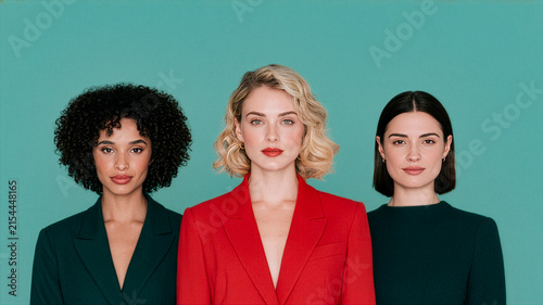 Women Empowerment Concept with Three Confident Businesswomen in Blazers on Teal Background