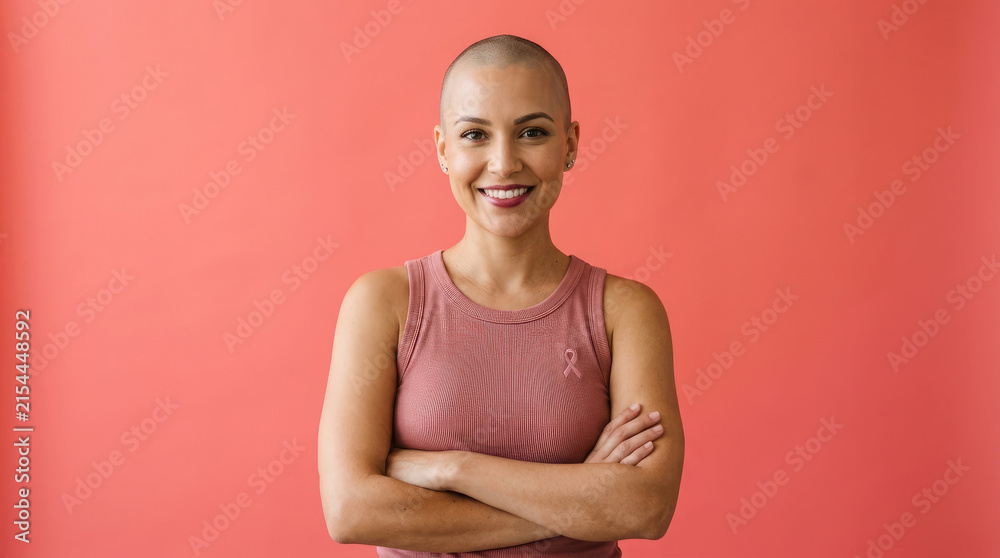 Obraz premium A confident woman with short hair smiling during breast cancer awareness month standing against a plain pink background for health support campaigns
