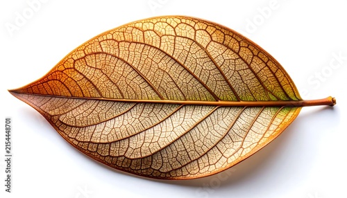 A beautifully intricate dried leaf displaying nature's delicate venation on a pristine white background