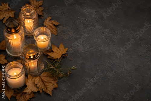 Memorial Candles and Autumn Leaves Flat Lay with Copy Space