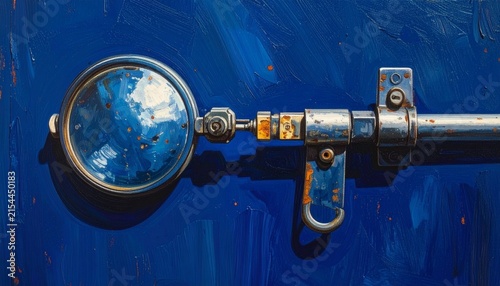 Vintage Brass Telescope on Blue Wooden Background.