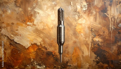 Precision metal drill bit on rustic textured background.