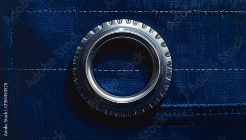 Close up of a black car tire on a blue surface.