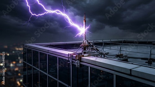 Purple lightning bolt striking a metallic rod on a skyscraper rooftop during a storm.