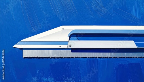 Close up of a white plastic saw blade on blue background.