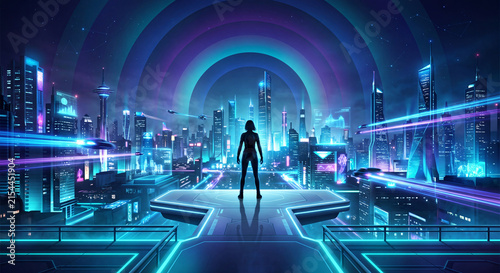 Silhouetted figure overlooks a futuristic cityscape with glowing neon lights