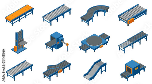 Collection of industrial conveyor belt systems in isometric view.