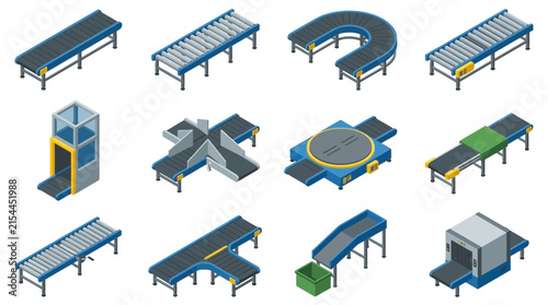 Collection of industrial conveyor belt systems in isometric style.