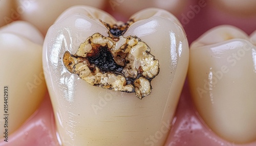 Close-up view of a decayed tooth