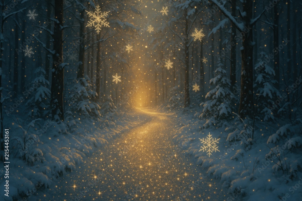 Obraz premium Enchanted snowy forest path wallpaper background