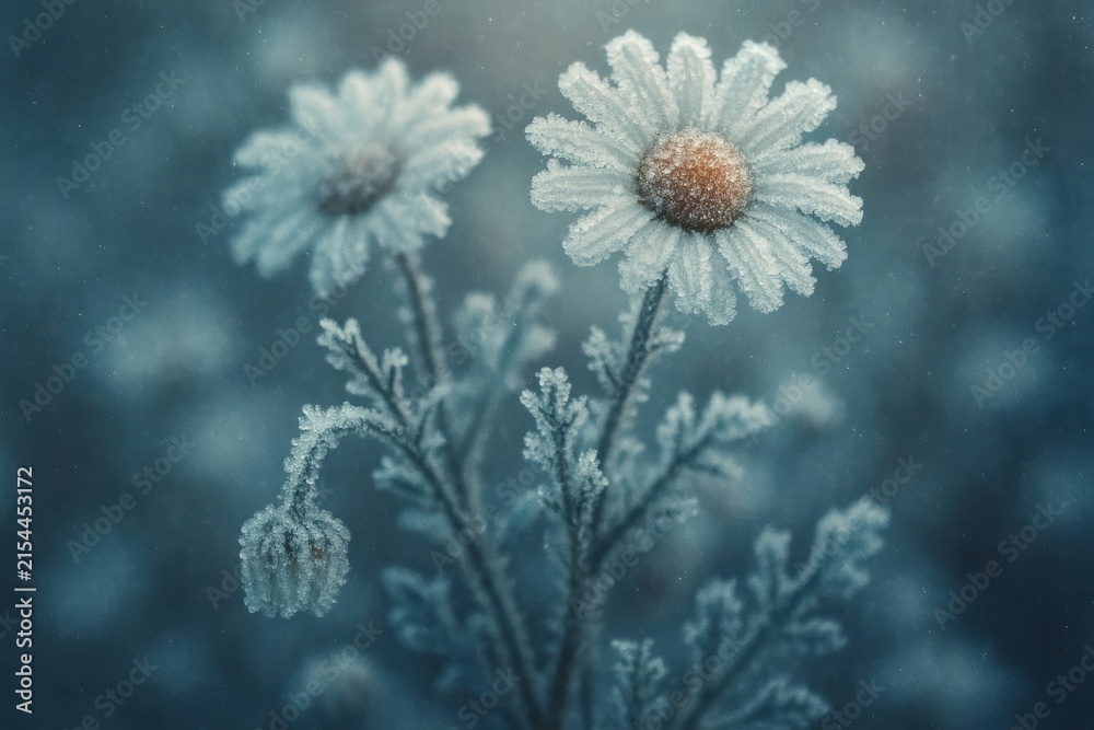 Fototapeta premium Frosted daisies in winter bloom.