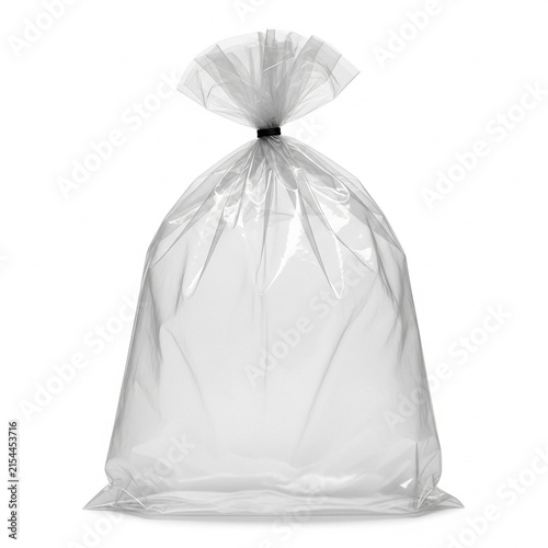 A gray trash bag with a black tie
