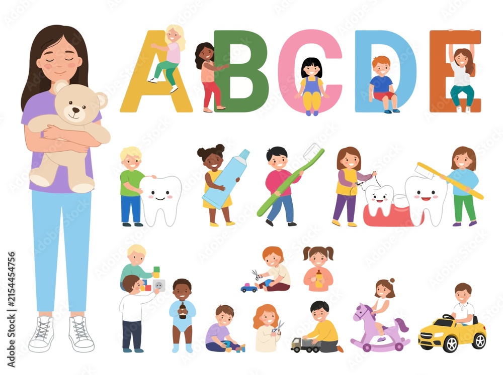 Fototapeta premium Cartoon Children Educational Activities, Dental Hygiene, and Play Vector Set