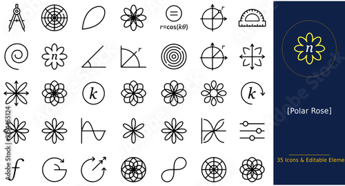 Foto Mathematical polar rose icons, set of 35 geometric line elements, minimal trigon