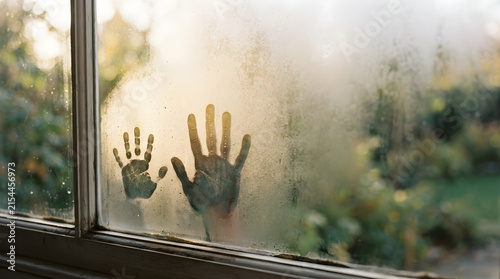 hands pressed against fogged window with condensation and blurred background