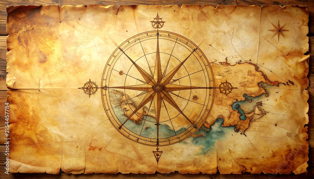 Fototapeta premium Vintage Antique Compass Map on Aged Parchment Background.