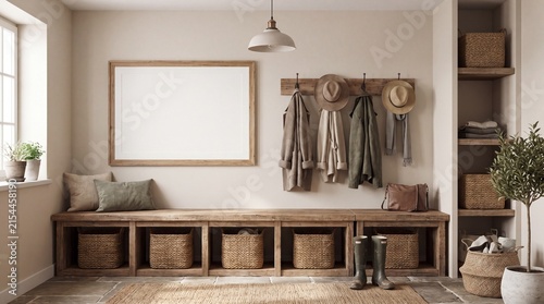 Modern Minimalist Living Room 3D Interior Mockup with Empty Wall Space.