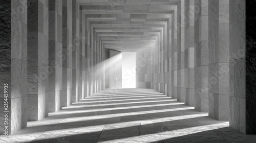 Sunlight streams into a long, modern stone hallway with repeating architectural elements.