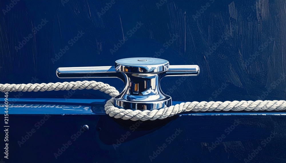 Fototapeta premium Close up of a polished metal mooring cleat with rope.