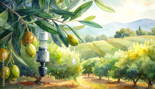 Olive grove with ripe olives in sunny countryside landscape.