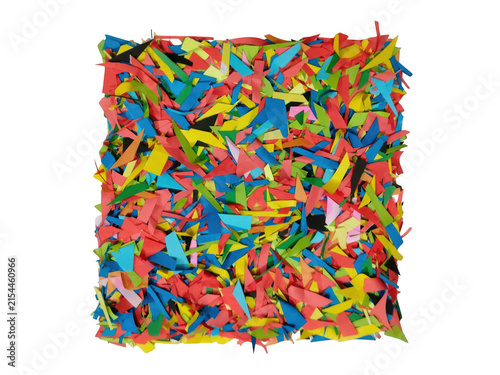 Abstract square shape made of colorful paper confetti pieces isolated on white background