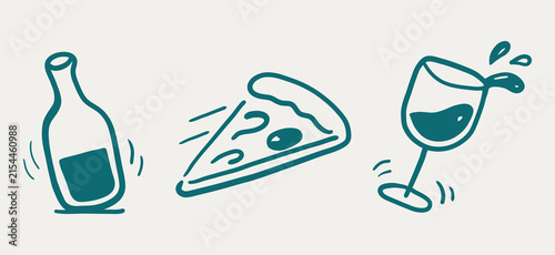 Hand Drawn Pizza and Wine Set Vector Illustration, Cute Pizza Slice Wine Bottle Glass Line Art Clipart